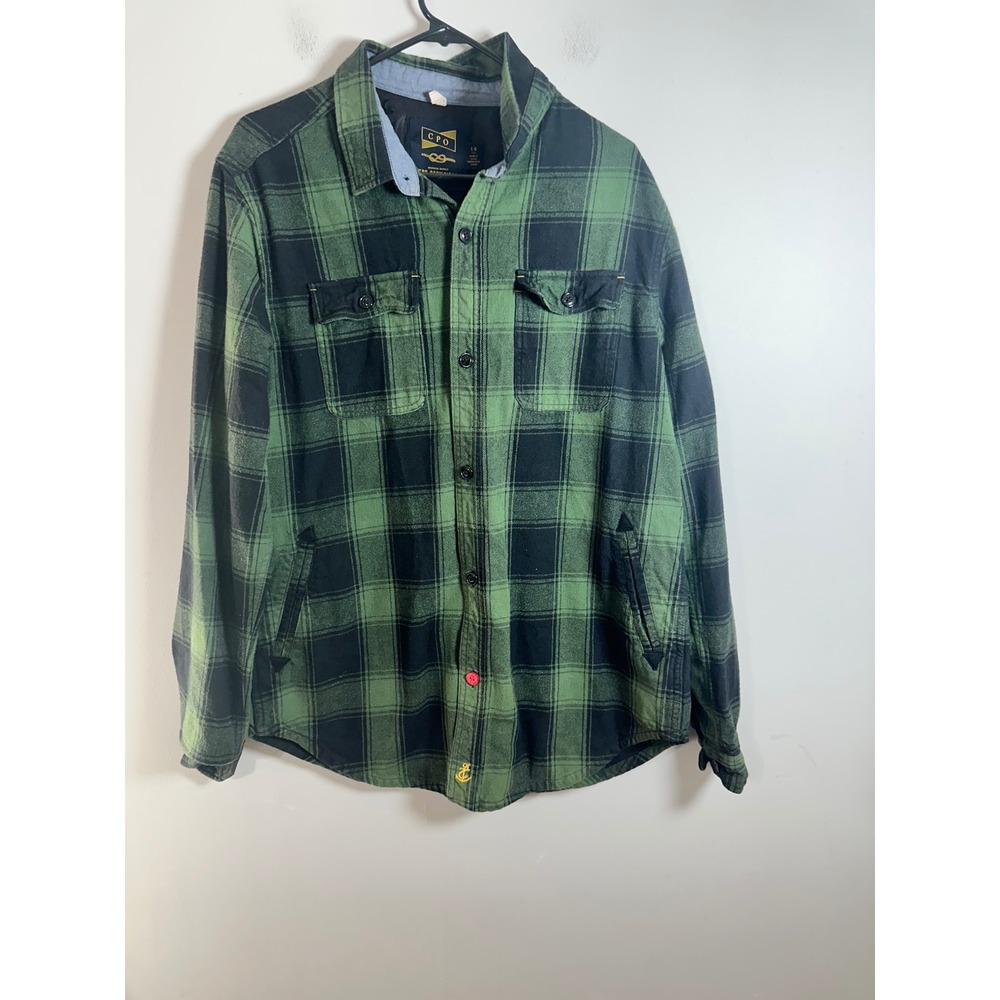 CPO Provisions Green Black Buffalo Plaid Flannel Leather Elbow Patch Shirt L